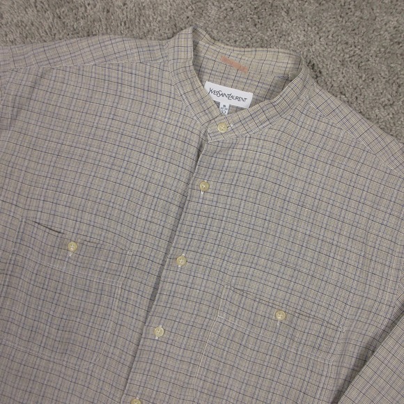 Yves Saint Laurent Shirt Mens Large Beige Plaid Band Collar Pockets Button Up - Picture 2 of 10